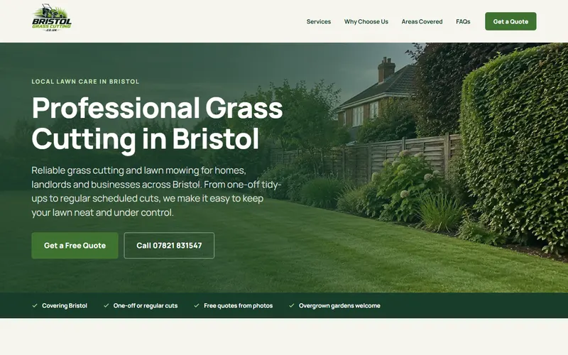 The Bristol Grass Cutting home page: a freshly mown lawn with the heading "Professional Grass Cutting in Bristol" and a quote button