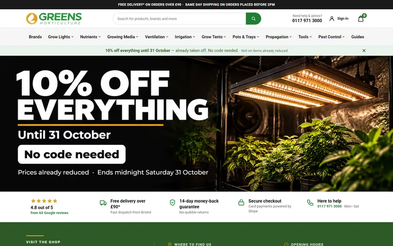The Greens Horticulture shop home page: a search bar, product menus and a grow-room photo with a sale banner
