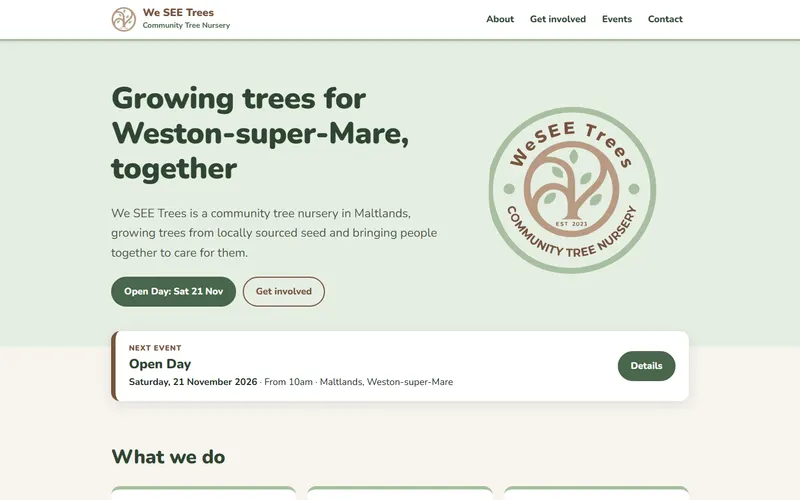 The We SEE Trees home page: a green hero with the nursery badge and the Open Day event